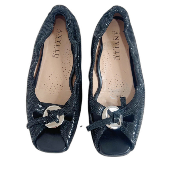 Anyi Lu Harmony Peep Toe Ballet Flat Black Snakeskin Leather Size 36.5 EU 6.5 US - Picture 1 of 7